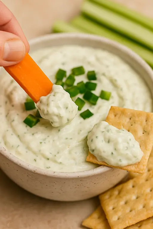 The Foolproof Guide to Creamy Jalapeño Cream Cheese Dip 182 jalapeño cream cheese dip being scooped with veggie stick, next to crackers.