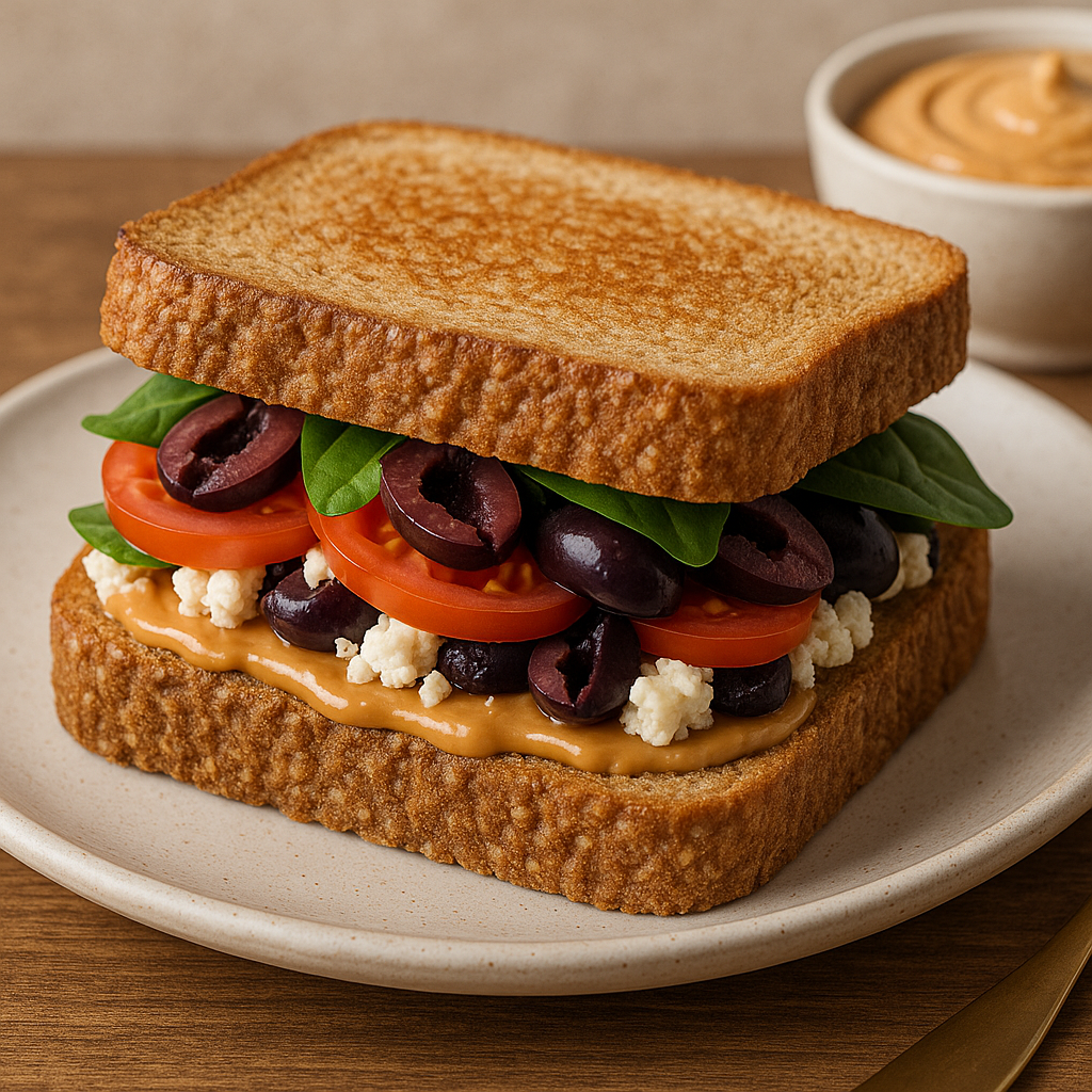 25+ Creative Peanut Butter Sandwich Ideas (With Recipes, Pairings & Hacks) 186 Open-faced peanut butter sandwich topped with sliced cucumber, red onion, and crumbled feta cheese on rustic bread.