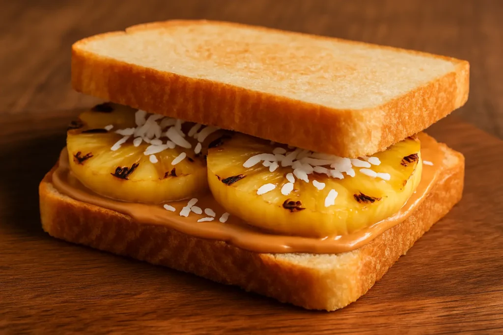 25+ Creative Peanut Butter Sandwich Ideas (With Recipes, Pairings & Hacks) 185 Peanut butter sandwich with grilled pineapple rings and coconut flakes on toasted bread, cut diagonally.
