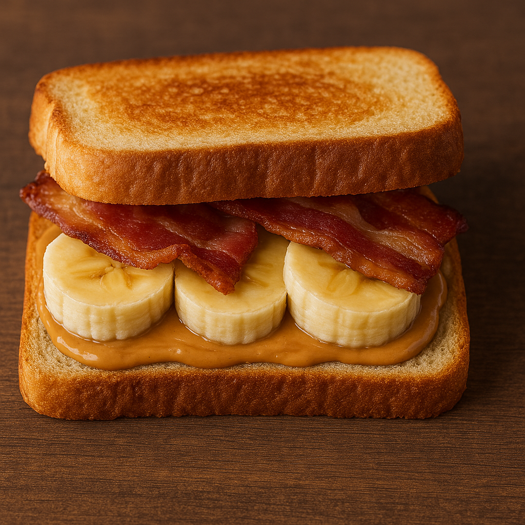 25+ Creative Peanut Butter Sandwich Ideas (With Recipes, Pairings & Hacks) 182 Close-up of a peanut butter sandwich with banana slices, crispy bacon, and a drizzle of honey on toasted bread.