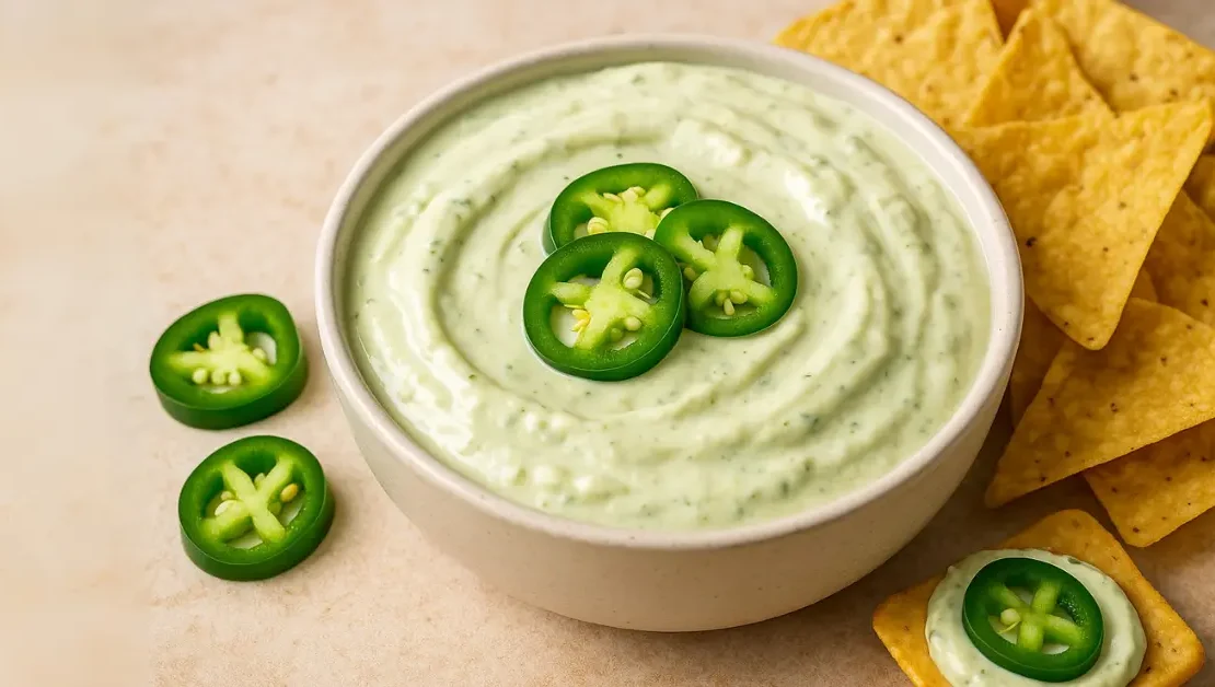 A bowl of creamy jalapeño cream cheese dip garnished with sliced jalapeños and served with tortilla chips.