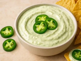 A bowl of creamy jalapeño cream cheese dip garnished with sliced jalapeños and served with tortilla chips.