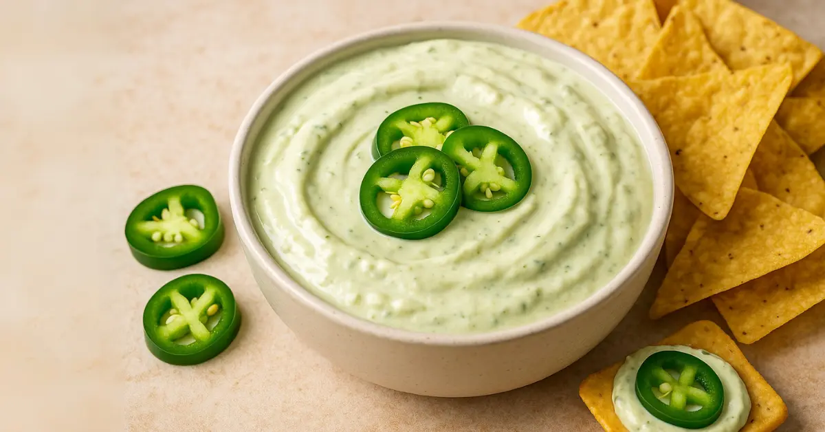 The Foolproof Guide to Creamy Jalapeño Cream Cheese Dip 181 A bowl of creamy jalapeño cream cheese dip garnished with sliced jalapeños and served with tortilla chips.