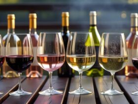best wine to pair with BBQ - Six wine glasses filled with different wines—Zinfandel, Rosé, Chardonnay, Sparkling Wine, Riesling, and Cabernet Sauvignon—on a wooden BBQ table with matching wine bottles in the background.