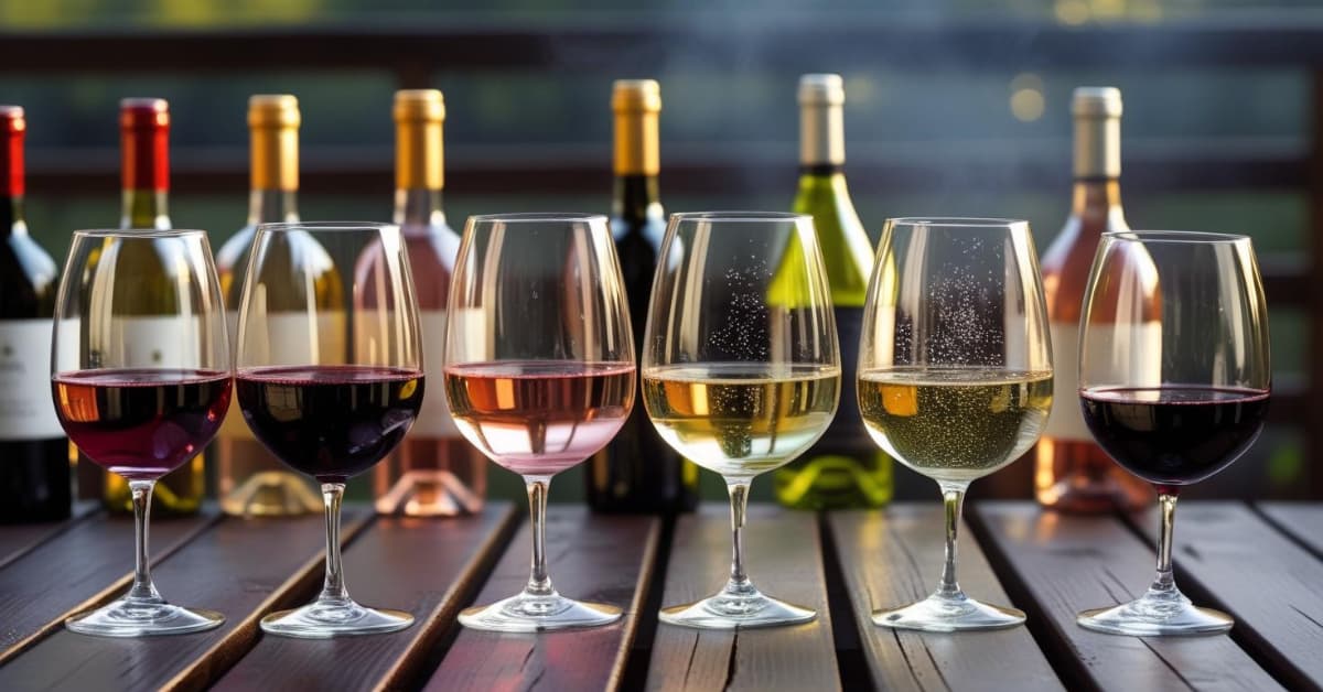 best wine to pair with BBQ - Six wine glasses filled with different wines—Zinfandel, Rosé, Chardonnay, Sparkling Wine, Riesling, and Cabernet Sauvignon—on a wooden BBQ table with matching wine bottles in the background.
