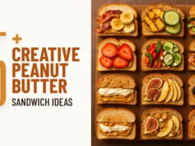creative peanut butter sandwich recipes displayed on a wooden table