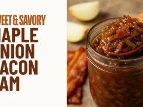A glass jar filled with maple onion bacon jam, topped with caramelized bits of bacon and onions, with a spoon on a rustic wooden surface.