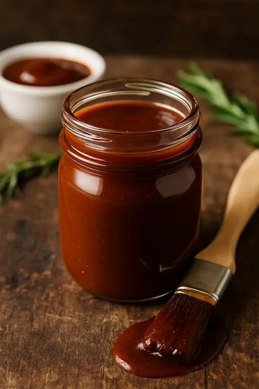 Homemade Hot Honey BBQ Sauce: The Perfect Sweet & Spicy Recipe 182 A jar of homemade hot honey BBQ sauce with a honey dipper and chili flakes beside it