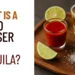 Vibrant Sangrita chasers served in shot glasses alongside tequila and fresh citrus on a rustic wooden table.