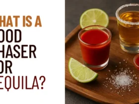 Vibrant Sangrita chasers served in shot glasses alongside tequila and fresh citrus on a rustic wooden table.